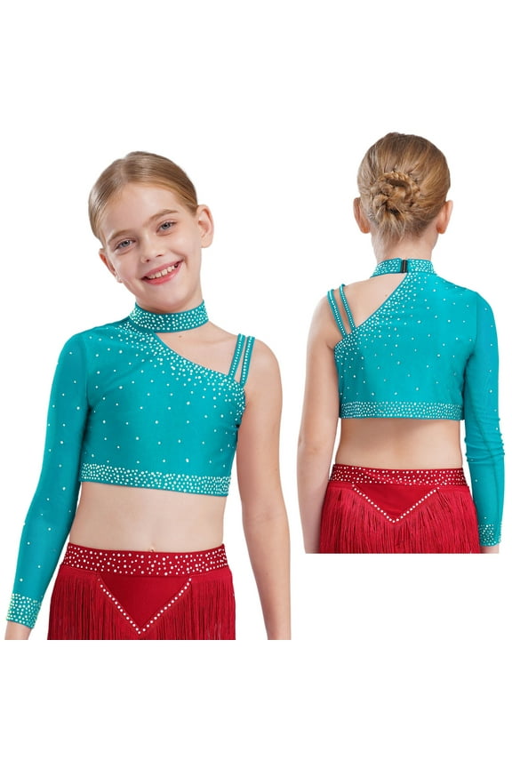 Girls Party Fancy Vest Hip Hop Jazz Dance Tops Athletic Shirt Ballet Dancewear Cheerleading Uniform Blue Green 6