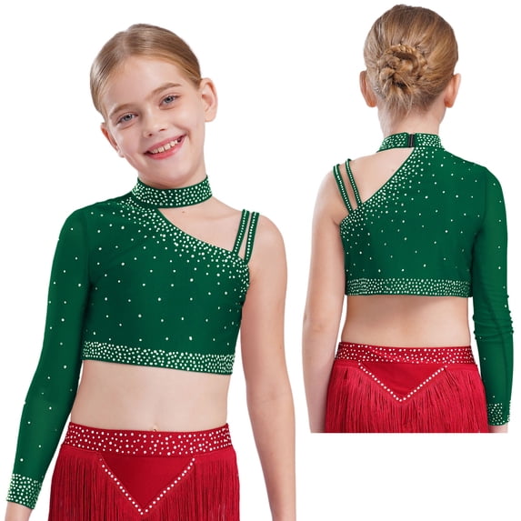 Hansber Girls Party Fancy Vest Hip Hop Jazz Dance Tops Athletic Shirt Ballet Dancewear Cheerleading Uniform Green 6