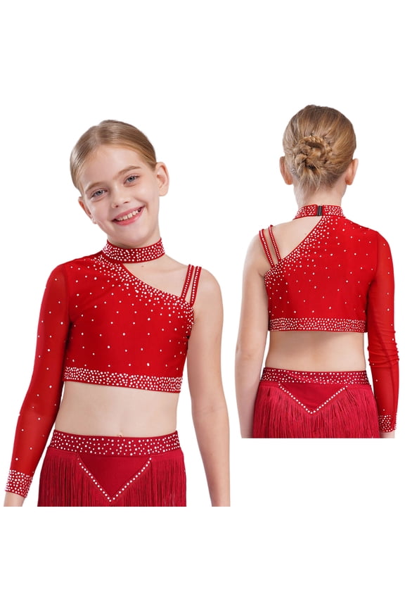 Girls Party Fancy Vest Hip Hop Jazz Dance Tops Athletic Shirt Ballet Dancewear Cheerleading Uniform Red 10