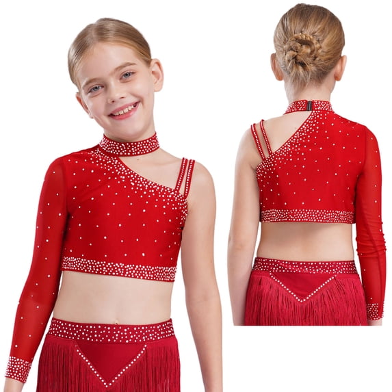 Hansber Girls Party Fancy Vest Hip Hop Jazz Dance Tops Athletic Shirt Ballet Dancewear Cheerleading Uniform Red 16