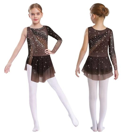 Hansber Girls Rhinestones Ballet Dance Tutu Leotard Dress Ballerina Outfits Lyrical Figure Ice Skating Wear Brown 8