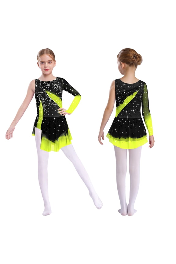 Girls Rhinestones Ballet Dance Tutu Leotard Dress Ballerina Outfits Lyrical Figure Ice Skating Wear Yellow 6