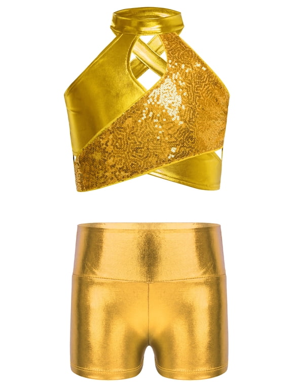 Girls Sequin Jazz Dance Set Asymmetrical Halter Top Metallic Shorts Sparkly 2 Piece Performance Outfit Gold 6