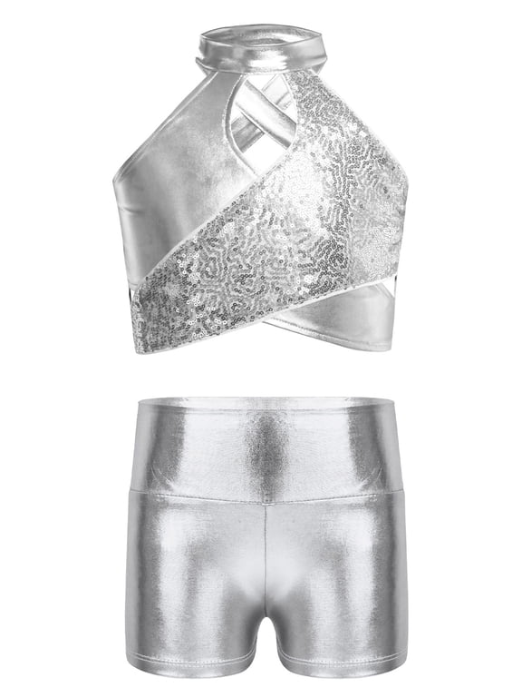 Girls Sequin Jazz Dance Set Asymmetrical Halter Top Metallic Shorts Sparkly 2 Piece Performance Outfit Silver 6