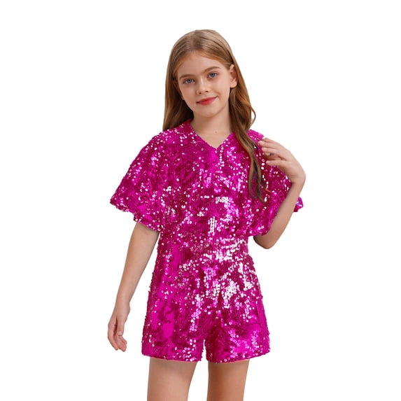 Hansber Girls Sequin Jumpsuit Short Batwing Sleeves Pageant Party Romper Disco Outfits One Piece Pants Suits Hot Pink 10