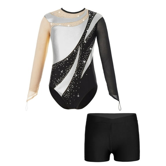Hansber Girls Shiny Long Sleeve Ballet Dance Leotard Gymnastics with Sports Shorts 2Pcs Tracksuit Silver&Black 8