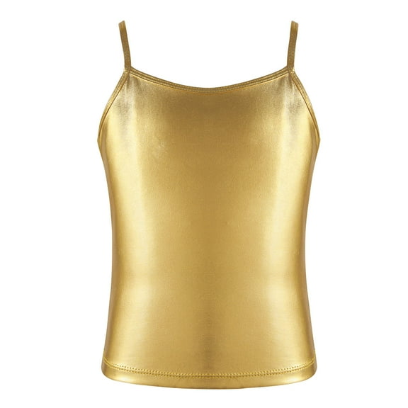 Hansber Girls Shiny Metallic Spaghetti Straps Vest Tank Top Dance Athletic Camisole Gold 10