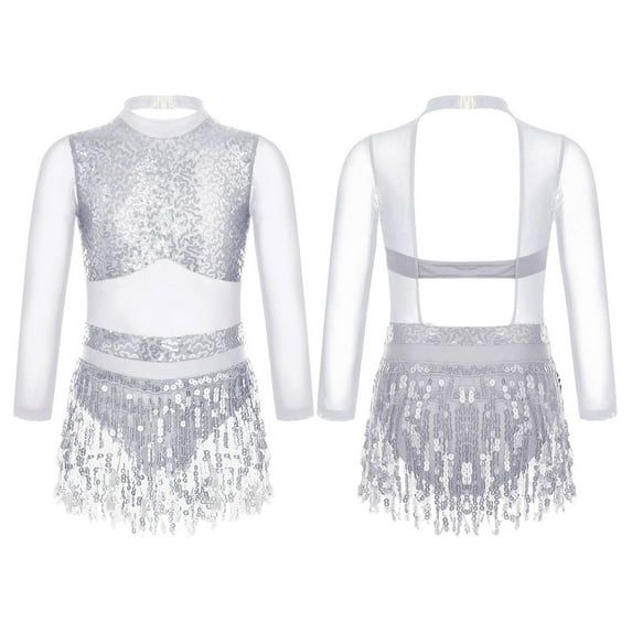 Hansber Girls Shiny Sequined Tassel Dress Mesh Splice Latin Salsa Samba Jazz Modern Ballroom Dancewear Silver 16