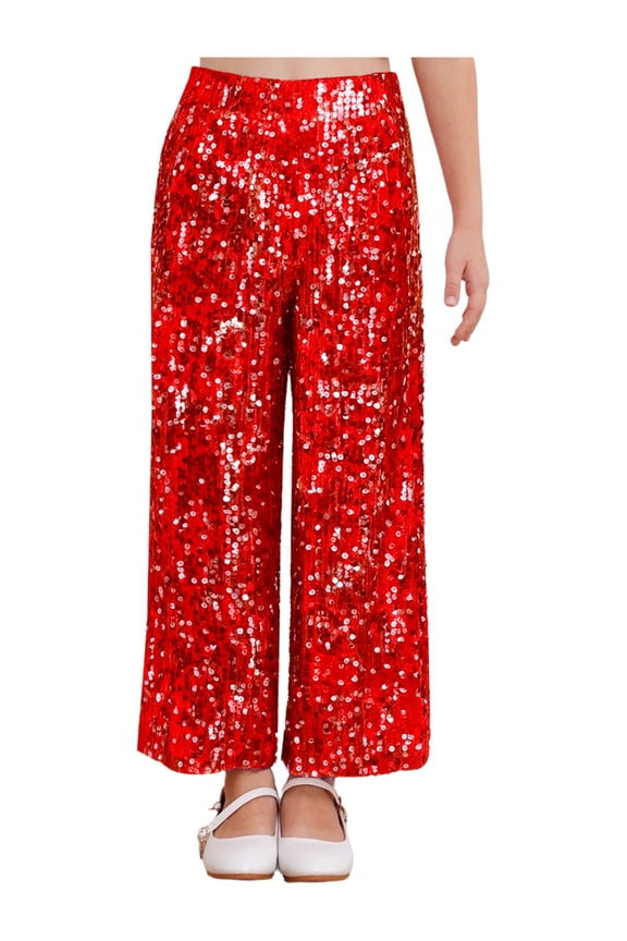 Girls' Shiny Sequins Pants Hip Hop Jazz Dance Disco Wide Leg Trousers Rave Festival Party Dress Pants Red 6