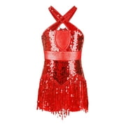 Hansber Girls Sparkle Latin Dance Dress Kids Sequins Fringe Dress Costume for Kids Ballet Jazz Chacha Red 14