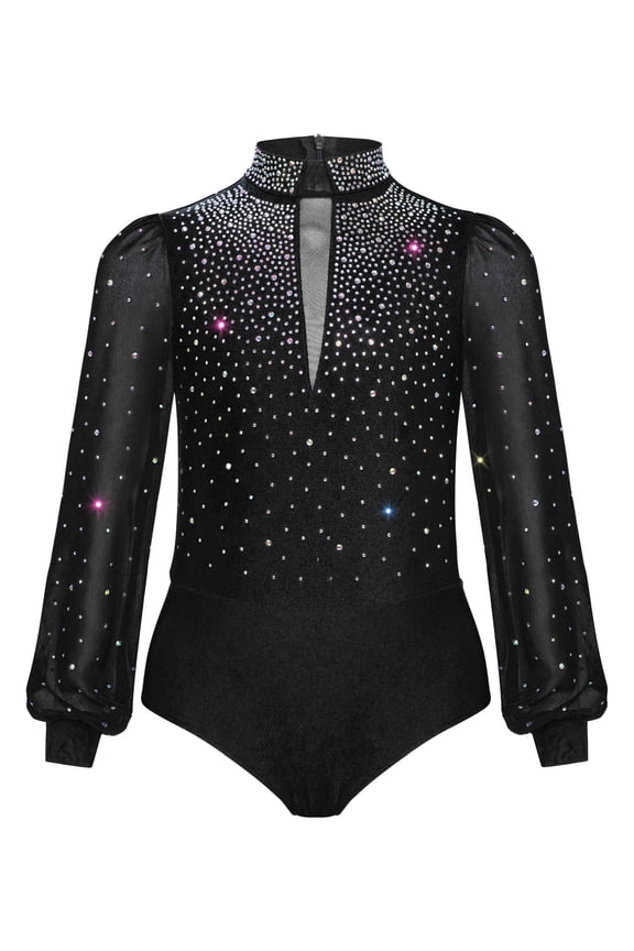 Gymnastics Leotard for Boys Sparkly Rhinestone Long Sleeve Latin Tango Ballroom Dance Shirt Bodysuit Black 14