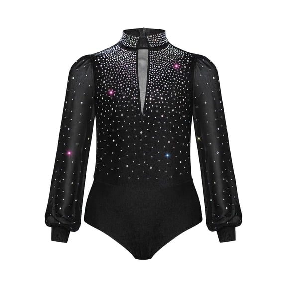 Hansber Gymnastics Leotard for Boys Sparkly Rhinestone Long Sleeve Latin Tango Ballroom Dance Shirt Bodysuit Black 8
