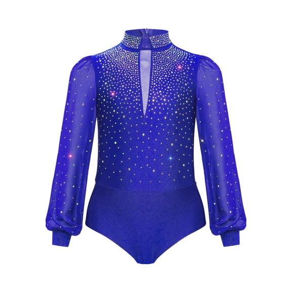 Hansber Gymnastics Leotard for Boys Sparkly Rhinestone Long Sleeve Latin Tango Ballroom Dance Shirt Bodysuit Royal Blue 14