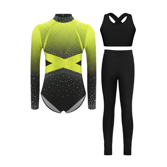 Hansber Gymnastics Leotard for Girls Rhinestone Long Sleeve Bodysuit Vest and Leggings Tumbling Dance Outfit Yellow 14