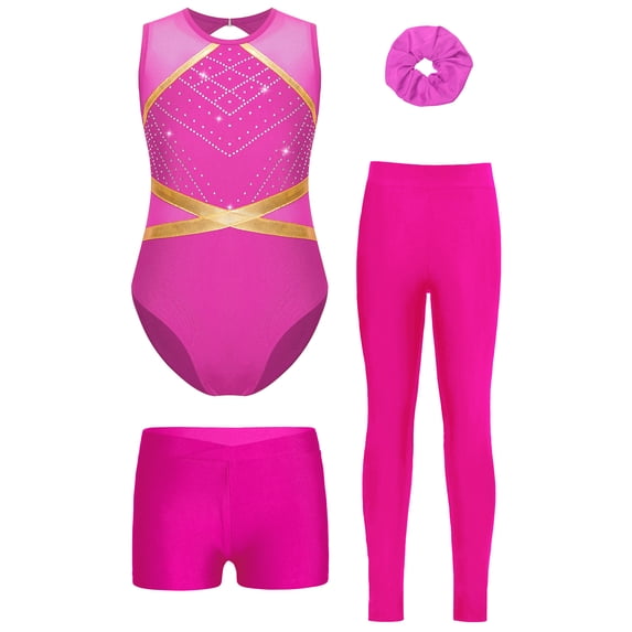 Hansber Gymnastics Leotard for Girls with Shorts Athletic Leggings Dance Unitard Sleeveless Figure Skating Training Suit Hot Pink 10