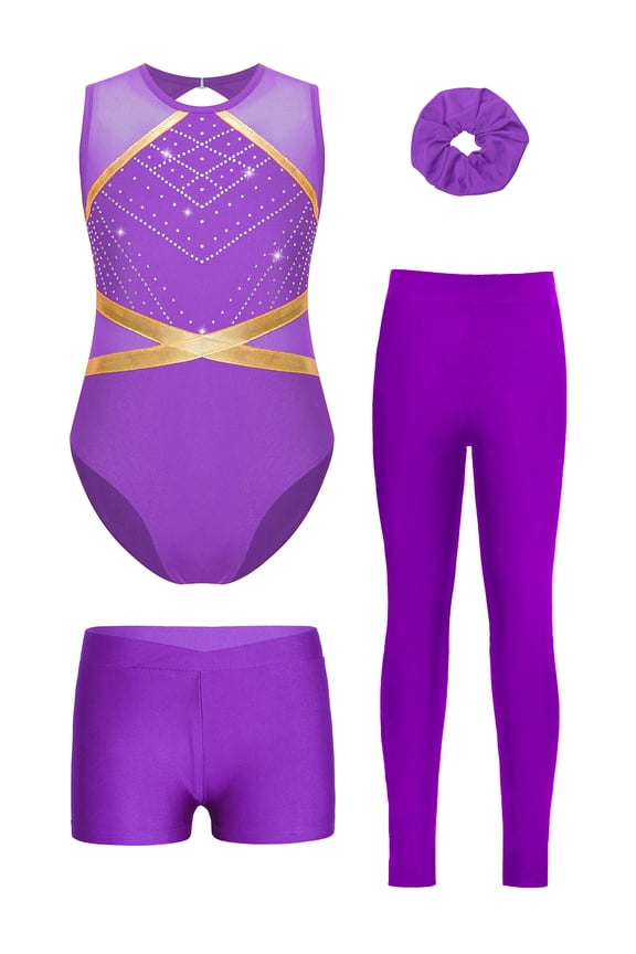 Gymnastics Leotard for Girls with Shorts Athletic Leggings Dance Unitard Sleeveless Figure Skating Training Suit Purple 6
