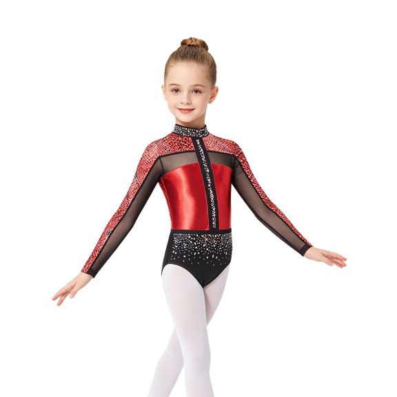 Hansber Gymnastics Leotards for Girls Long Sleeve Rhinestones Ballet Dance Bodysuit Figure Skating Performance Red 6