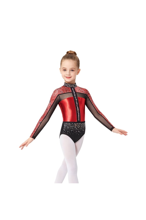 Gymnastics Leotards for Girls Long Sleeve Rhinestones Ballet Dance Bodysuit Figure Skating Performance Red 6