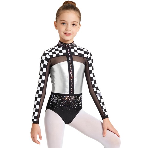 Hansber Gymnastics Leotards for Girls Long Sleeve Rhinestones Ballet Dance Bodysuit Figure Skating Performance Silver 6