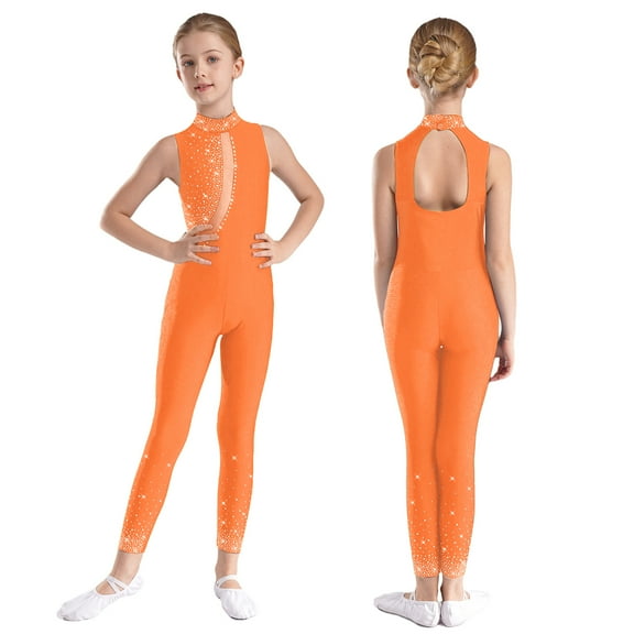Hansber Gymnastics Leotards for Girls Sleeveless Figure Skating Jumpsuit Rhinestone Full Length Dance Bodysuit Orange 16
