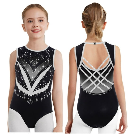 Hansber Gymnastics Leotards for Kids Girls Figure Skating Dance Unitard Cutout Back Sleeveless Bodysuit Black 14