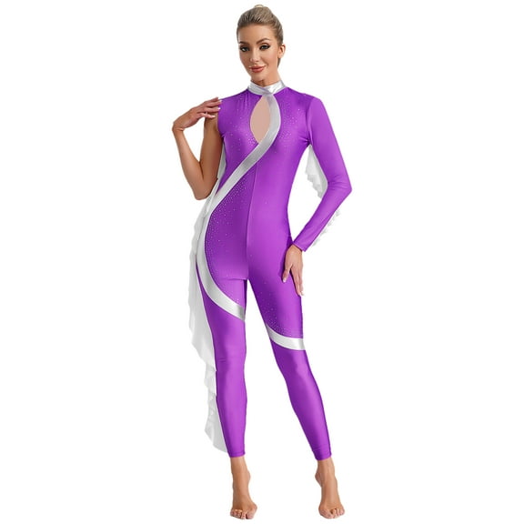 Hansber Gymnastics Leotards for Women Ruffles Bodysuit Figure Ice Skating Jumpsuit Ballet Dancewear Purple L
