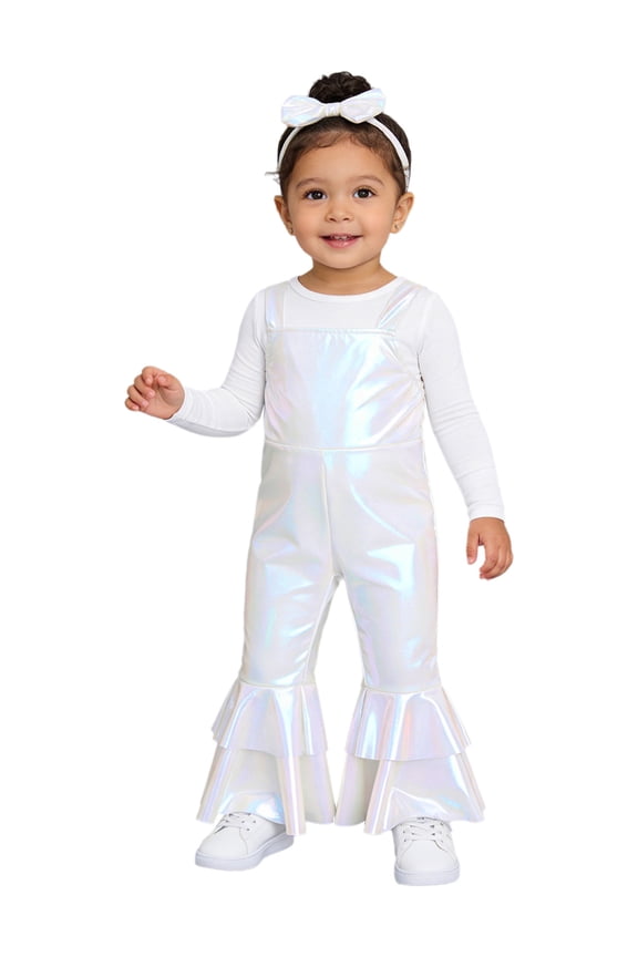 Infant Baby Girls Sparkly Ruffles Pants Coveralls Shiny Metallic Overalls Strap Jumpsuit Ivory 3-6M