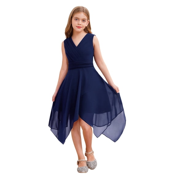 Hansber Junior Bridesmaid Dress Wedding Flower Girls Chiffon Sleeveless V-neck Asymmetrical Summer Sundress Navy Blue 10