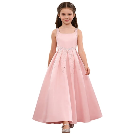 Hansber Juniors Bridesmaid Dresses for Girls Sleeveless Elegant Wedding Evening Pageant Party Long Gowns Pink 12
