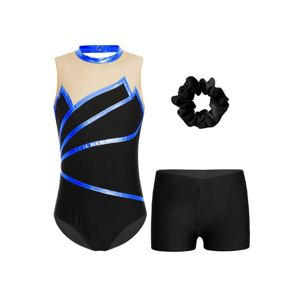 Hansber Kids 3 Piece Dance Outfit Dancewear Girls Sleeveless Gymnastics Leotard and Yoga Shorts Royal Blue 10