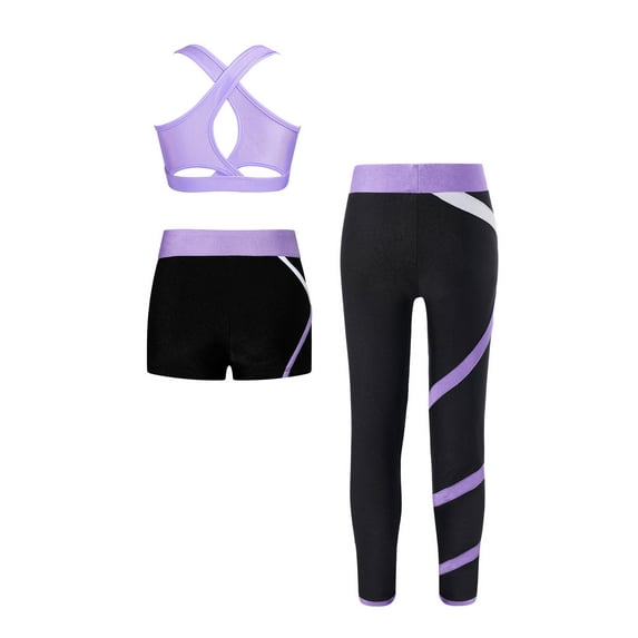 Hansber Kids 3 Piece Dance Outfit Tracksuit Girls Cross Nack Tank Sport Bra with Yoga Pants Leggings Lavender 6