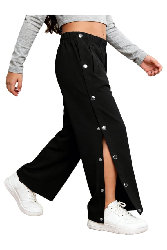 Kids Adaptive Sweatpants Boys Girls Tear Away Basketball Pants Side Button Full Open Leg Post Surgery Trousers Black 8