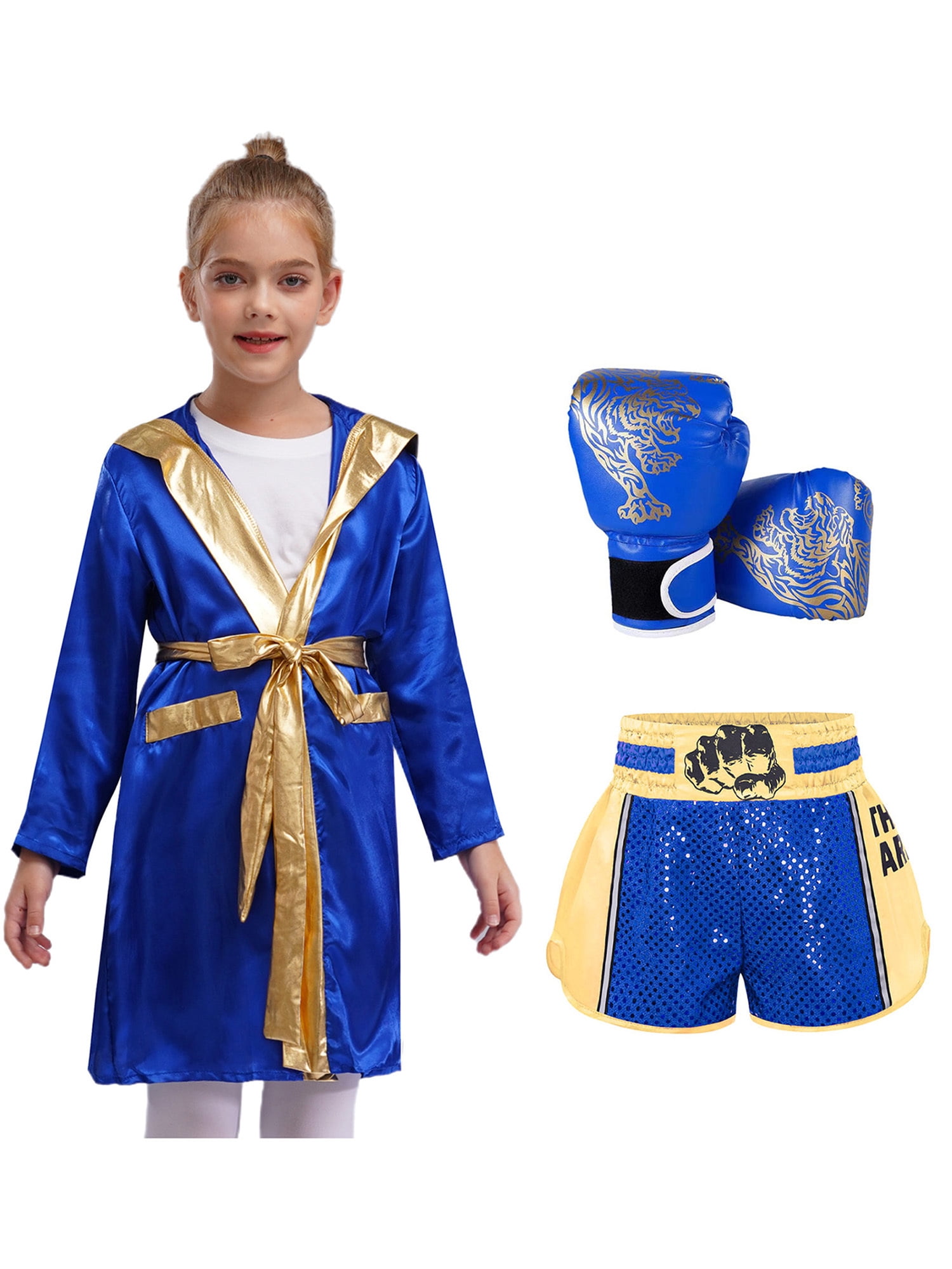 Hansber Kids Boxer Outfits 3Pcs Satin Hooded Robe with Shorts Boxing ...