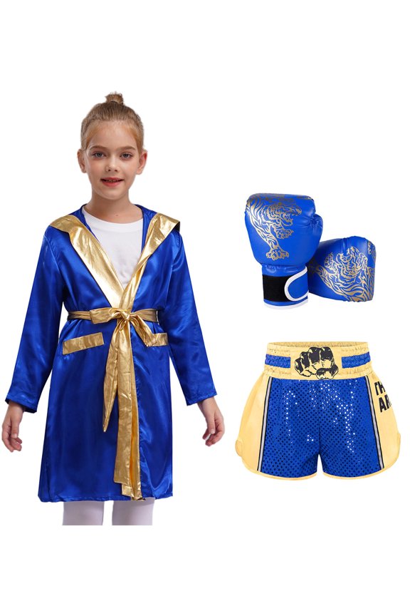 Kids Boxer Outfits 3Pcs Satin Hooded Robe with Shorts Boxing Gloves Muay Thai Kickboxing Uniform Set Blue Gold 6