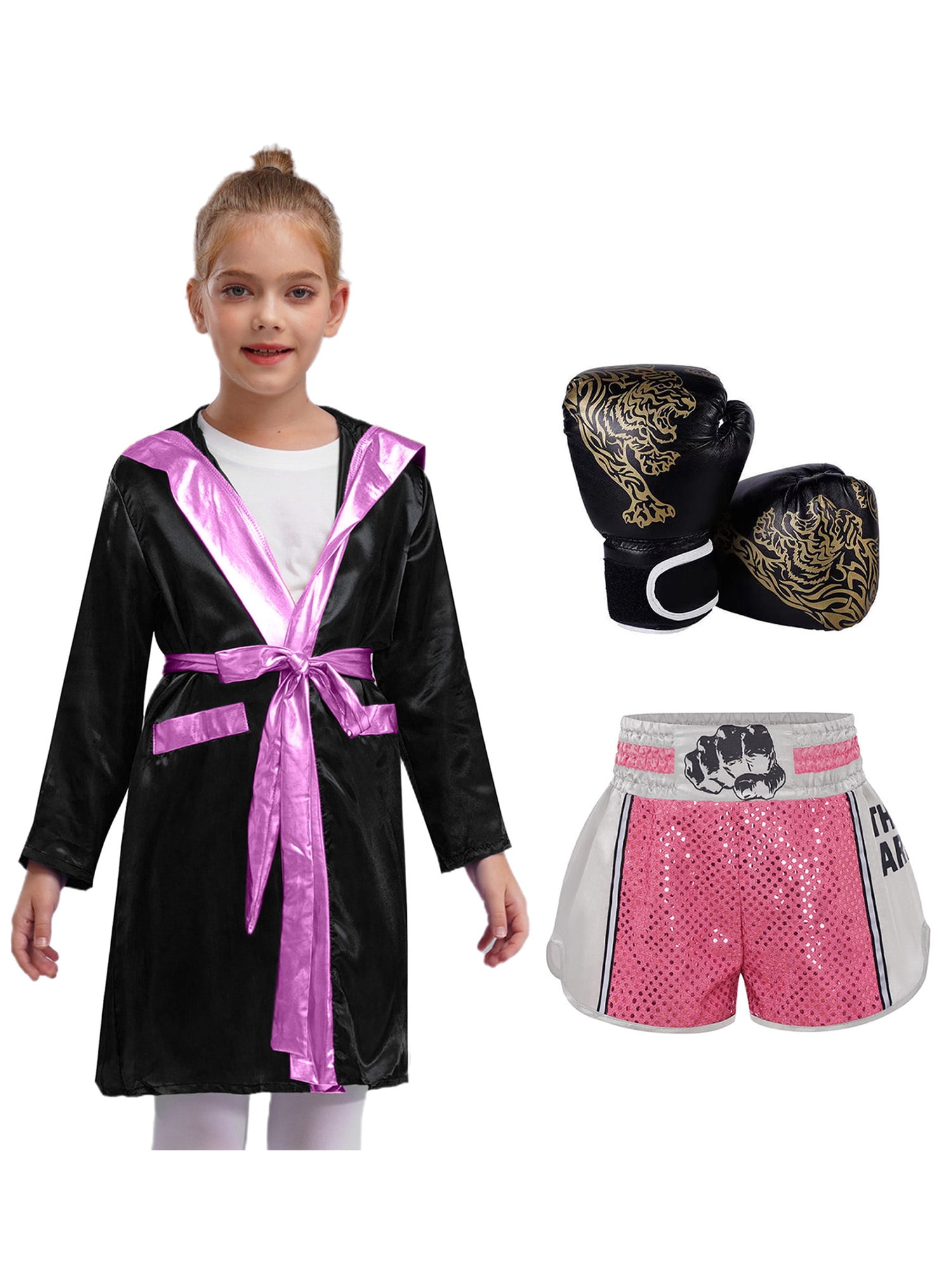 Pink Boxer Robe Hansber Kids Boxer Outfits 3Pcs Satin Hooded Robe with Shorts Boxing ...