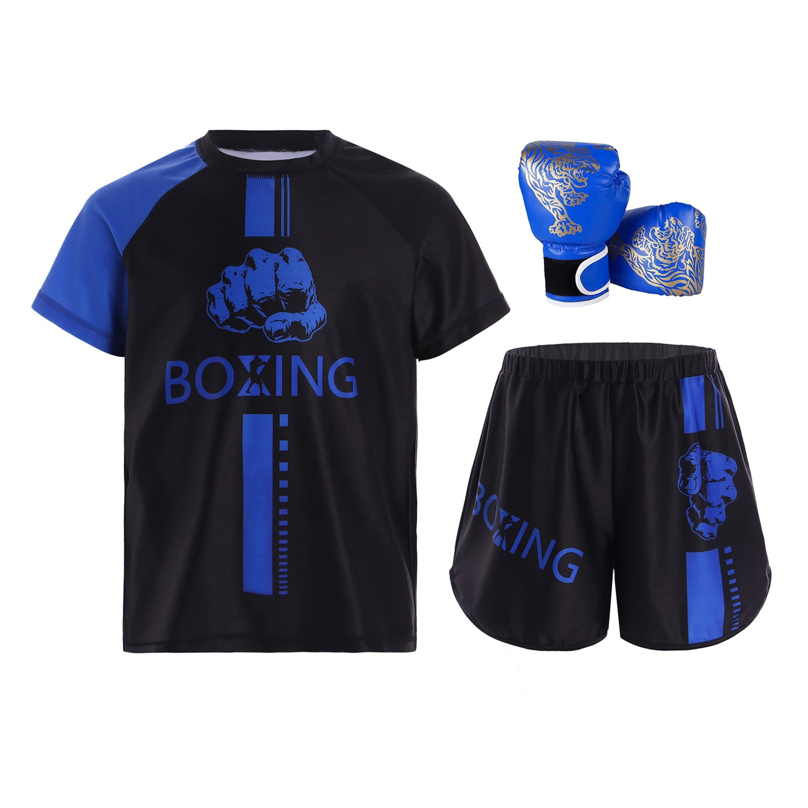 Hansber Kids Boxing Outfit Kick Boxing Uniform Athletic T-Shirt Top with Muay Thai Shorts Trunks Boxing Gloves Set Blue 8