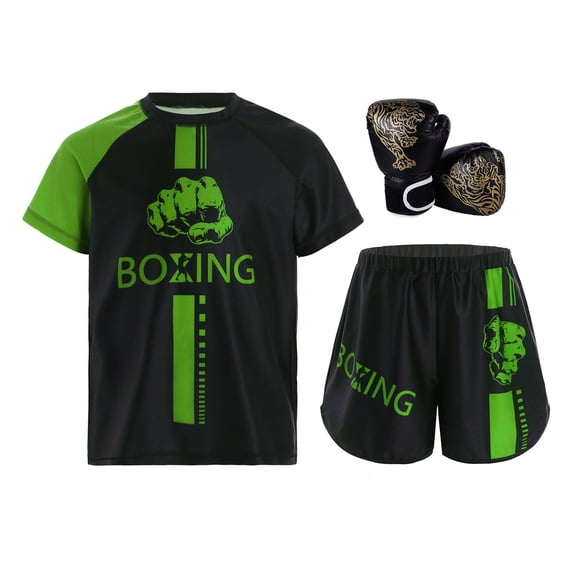 Hansber Kids Boxing Outfit Kick Boxing Uniform Athletic T-Shirt Top with Muay Thai Shorts Trunks Boxing Gloves Set Green&Black 10