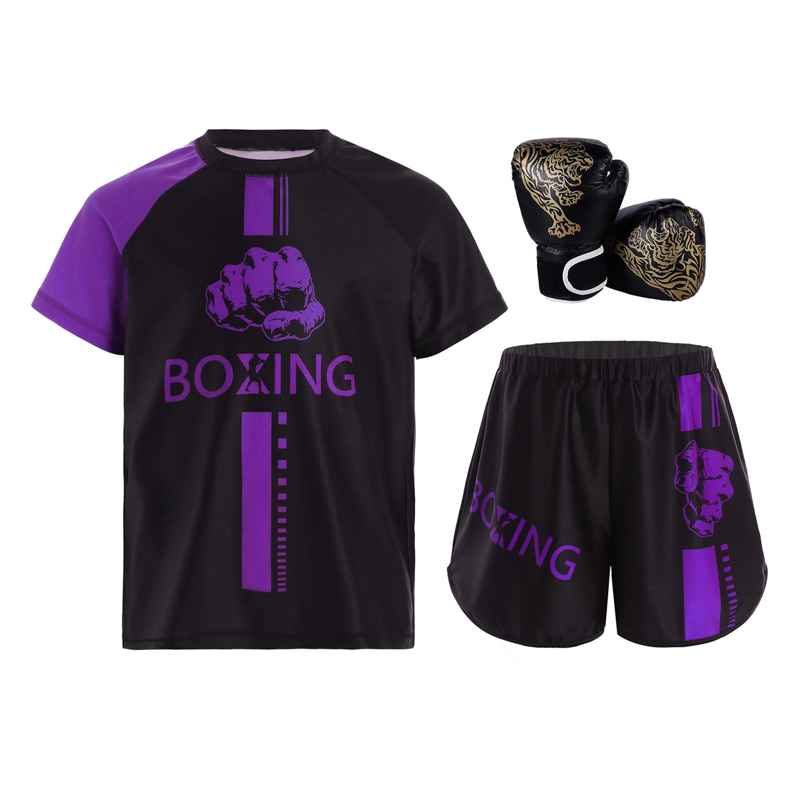 Hansber Kids Boxing Outfit Kick Boxing Uniform Athletic T-Shirt Top with Muay Thai Shorts Trunks Boxing Gloves Set Purple&Black 6