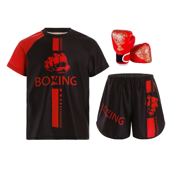 Hansber Kids Boxing Outfit Kick Boxing Uniform Athletic T-Shirt Top with Muay Thai Shorts Trunks Boxing Gloves Set Red 10