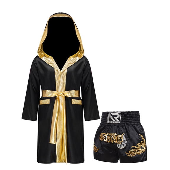 Hansber Kids Boys 2 Pcs Boxer Costume Outfits Metallic Long Hooded Robe with Satin Boxer Shorts Set A Black 6