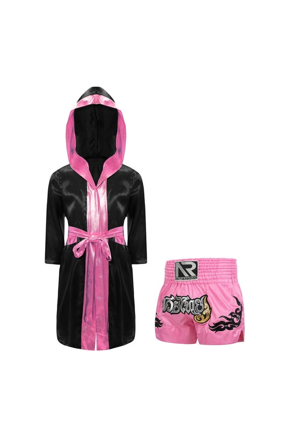 Kids Boys 2 Pcs Boxer Costume Outfits Metallic Long Hooded Robe with Satin Boxer Shorts Set Black&Pink 6