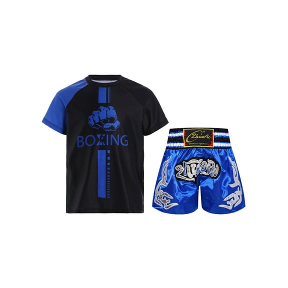 Hansber Kids Boys Boxer Costume Set Short Sleeve Active T-shirt with Boxing Shorts Set for Role Blue 8