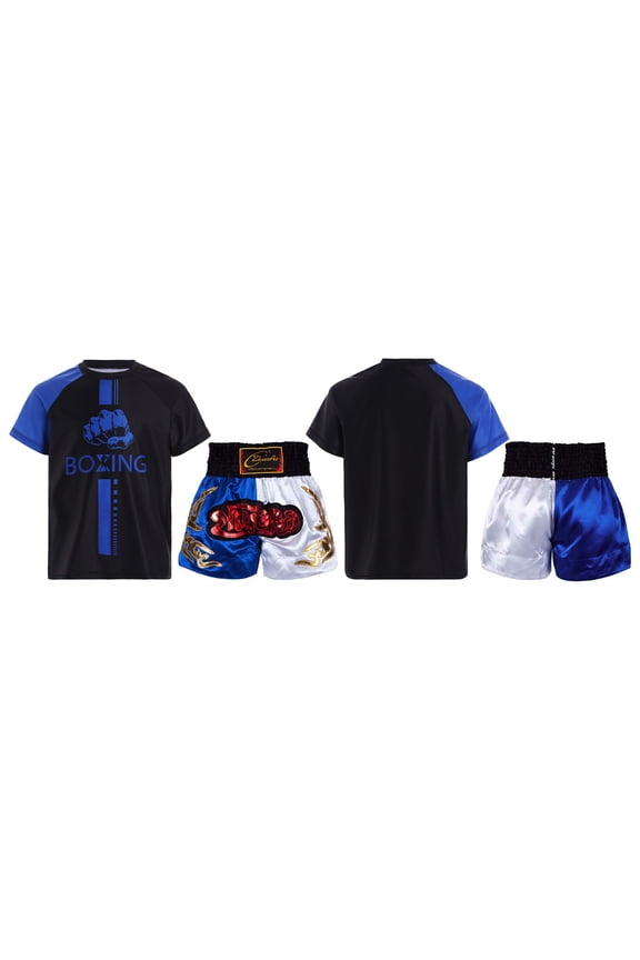 Kids Boys Boxer Costume Set Short Sleeve Active T-shirt with Boxing Shorts Set for Role Blue&White 6