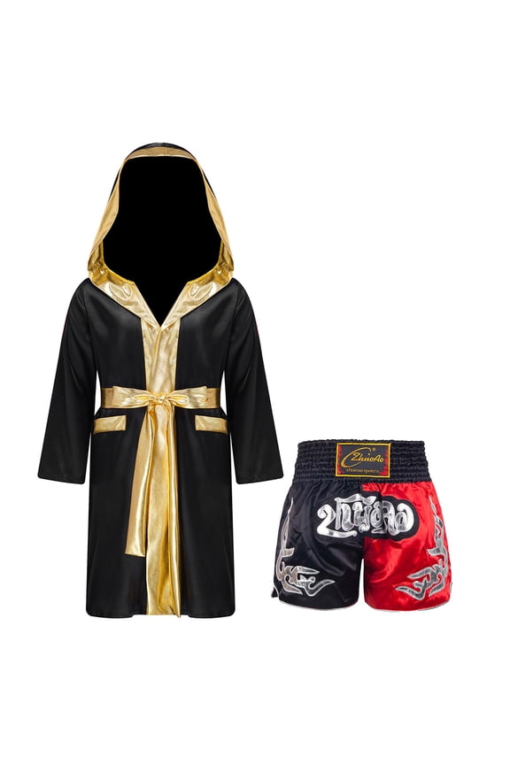 Kids Boys Boxing Costume Long Sleeve Boxing Robe with Belt and Muay Thai Shorts Set for MMA Black&Red 6
