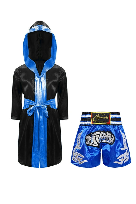 Kids Boys Boxing Costume Long Sleeve Boxing Robe with Belt and Muay Thai Shorts Set for MMA Blue 16