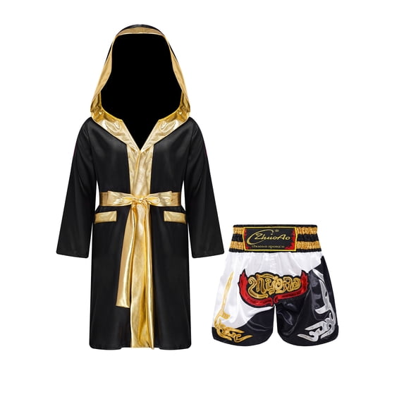 Hansber Kids Boys Boxing Costume Long Sleeve Boxing Robe with Belt and Muay Thai Shorts Set for MMA White&Black 8