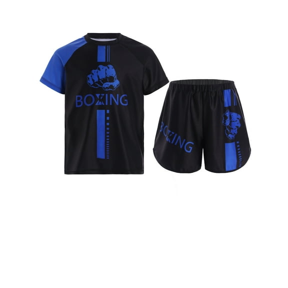 Hansber Kids Boys Boxing Uniform 2pcs Tracksuits Short Sleeve Boxer Shirt and Fighting Shorts Muay Blue 6