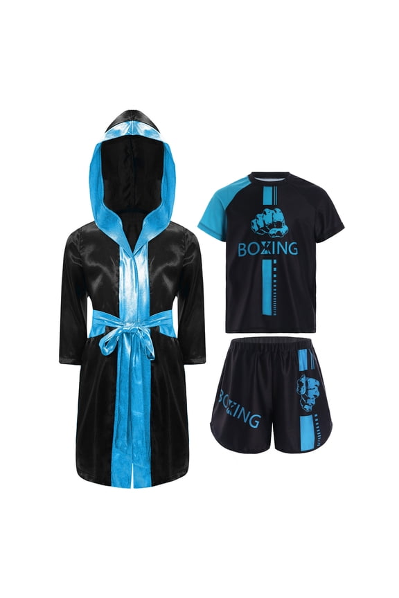Kids Boys Boxing Uniform Long Sleeve Hooded Cape Muay Thai Shorts and T-shirt Set Boxer Sky Blue 6