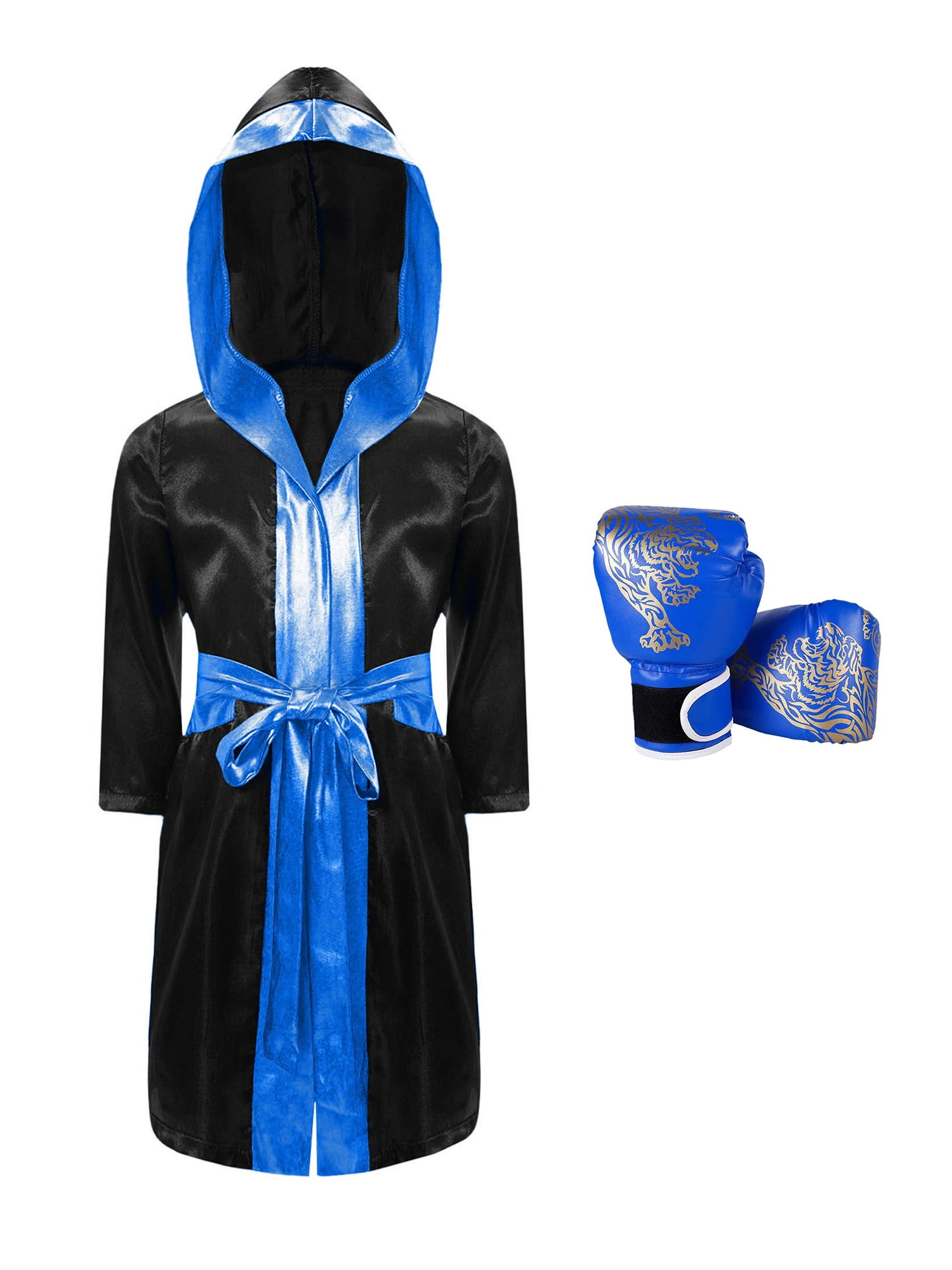 Hansber Kids Boys Boxing Uniform Satin Hooded Boxer Robes with Muay Thai MMA Training Gloves for Black&Blue 6