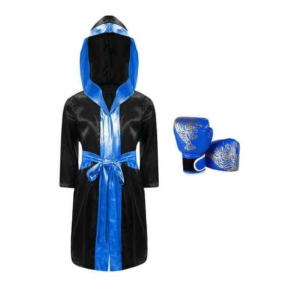 Hansber Kids Boys Boxing Uniform Satin Hooded Boxer Robes with Muay Thai MMA Training Gloves for Black&Blue 6